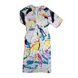 NEW Essentiel Antwerp Knotted Midi Women 8 White Multicolored Artsy Dress V-Neck